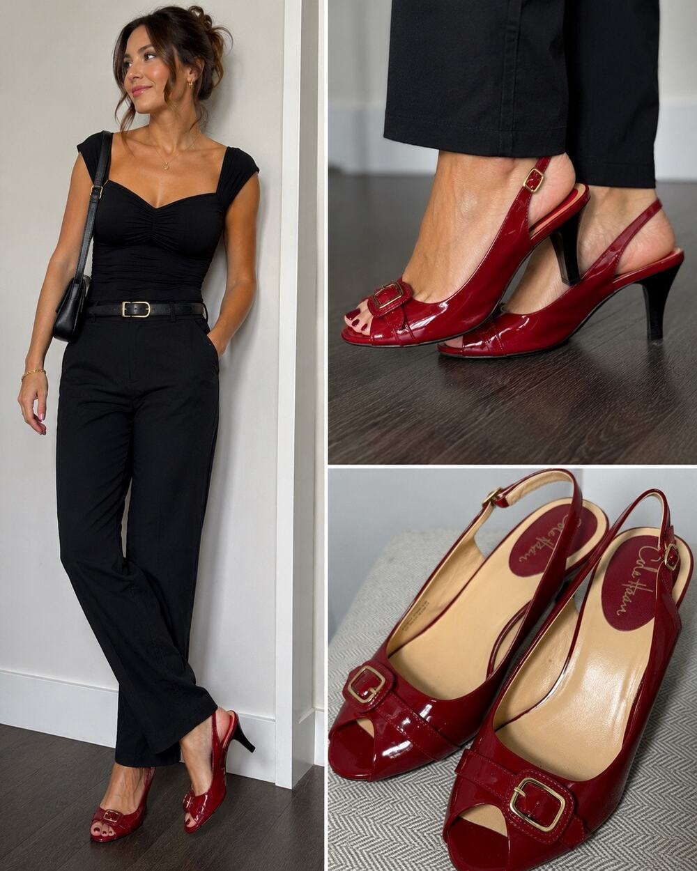 Cole Haan Nike Air Eliana Red Patent Leather Buckle Peep Toe Slingback Heels 10